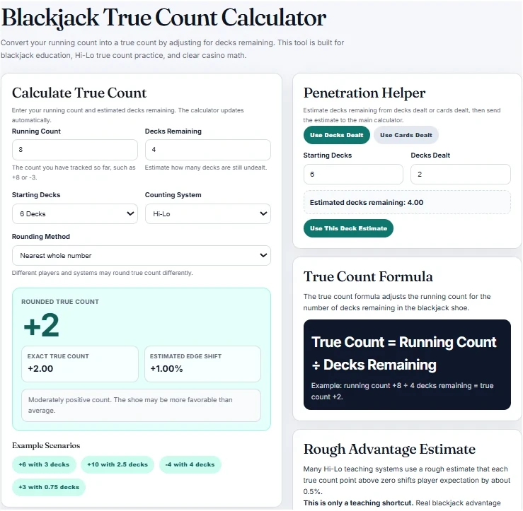 Blackjack true count calculator interface