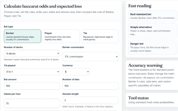 Baccarat Odds Calculator interface